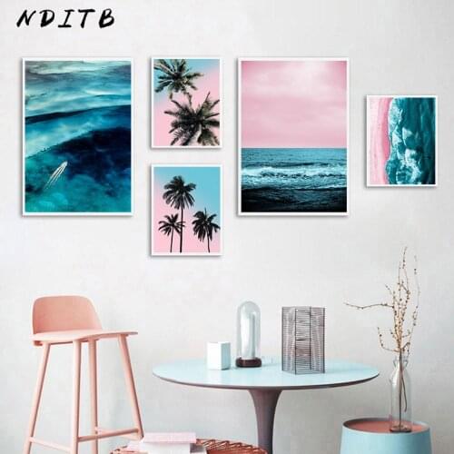 Pink Ocean Beach Palm Tree Canvas Poster Nordic Nature Seascape Wall Art Print Painting Scandinavian Home Decoration Picture