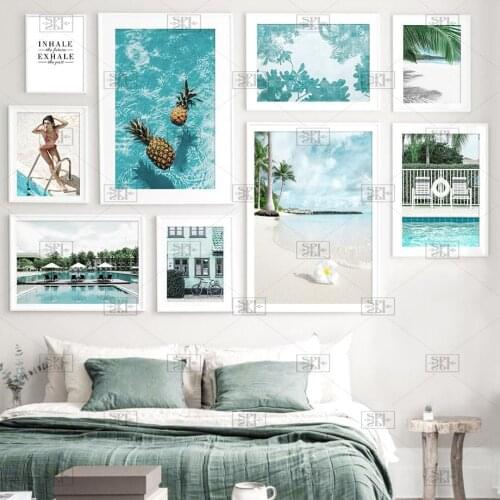 Sea Beach Pineapple Girl Swimming Pool Nordic Posters and Prints Wall Art Canvas Painting Wall Pictures for Living Room Decor