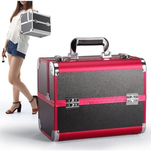 Professional Makeup Train Case - Portable Cosmetic Box Organizer with Nail Polish Storage Slots and Ring Jewelry Compartments