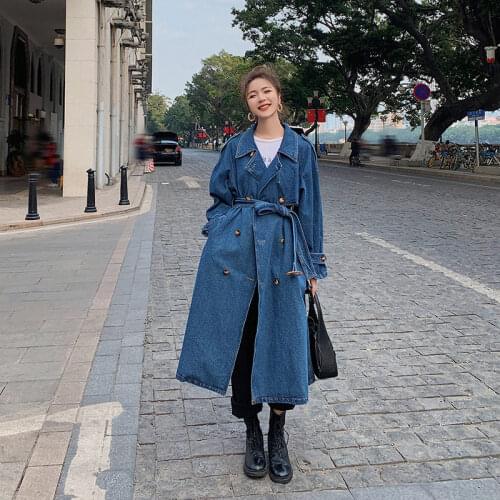 Retro Denim Windbreaker Womens Mid-Length Over The Knee 2021 Spring Korean Style Coat Jacket Double Breasted Jeans Jaqueta zh68