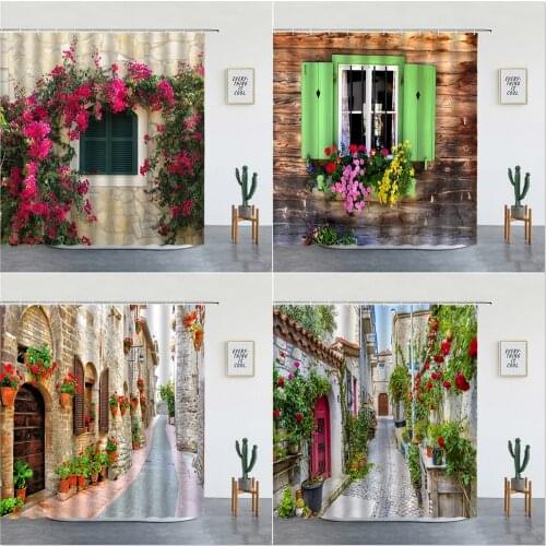 Rural Street Scenery Shower Curtains Retro Style Flowers Plant Background Wall Hanging Bathroom Decor Bathtub Screens With Hooks