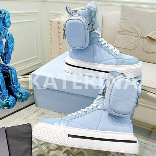 Pocket Bag Lady Brand Boots Two Pockets Decor Belt Buckle Shoes Flat Platform Cool Sweet Pink WhiteWomen High Top Boots Lace Up