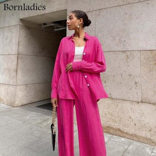 Bornladies Satin Rose Red 2 Piece Womens Suit Single-Breasted Long Sleeve Shirts with Wide Leg Pants Set Autumn Fashion Outfits