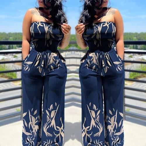 Woman Summer Fashion One Piece Suit Holiday Off Shoulder Floral Print Drawstring Waist Shirred Bodice Wide Leg Jumpsuit Elegant
