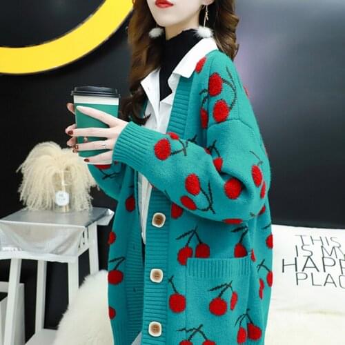 Cardigan Women Embroidery Knitted Cherry Elegant 20020 Winter Autumn Vintage Over Sized Long Sleeve Korean Casual Loose W040