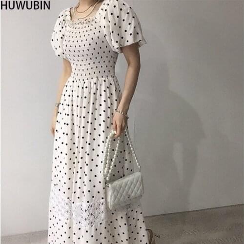 2021 New Summer Korean Womens Unique Square Collar Retro Fashion Elegant Dot Splicing Long Avant-Garde Beach Holiday Dress