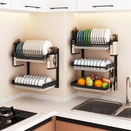 304 Stainless Steel Kitchen Dish Rack Desktop Plate Cutlery Cup Dish Drainer Drying Rack Wall Mount Kitchen Storage Holder