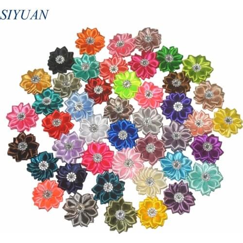 40pcs/lot 3.5CM Mini Polyester Ribbon Polygonal Flowers With CZ Diamond In Center girls Hair Accessories TH63
