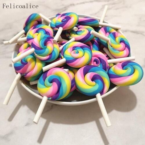 8pcs Kawaii Flatback DIY Clay Rainbow Color Lollipop Cabochons Flat Back Scrapbooking Hair Bow Embellishments Decoration:28*45mm