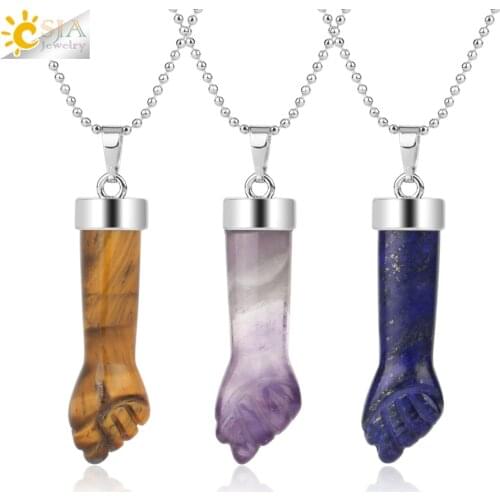 CSJA New Design Natural Stone Pendants Necklaces Carved Fist Arm Purple Crystal Quartz Tiger Eye Lapis Reiki Jewelry Women G291