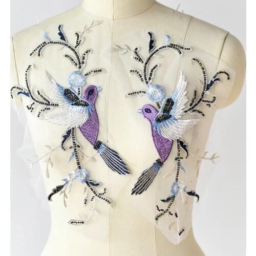 2 Piece 34*17cm 3D Bird Mesh Embroidered Pearl Beaded Lace Applique With Beads DIY Lace Fabric Trim Free Shipping