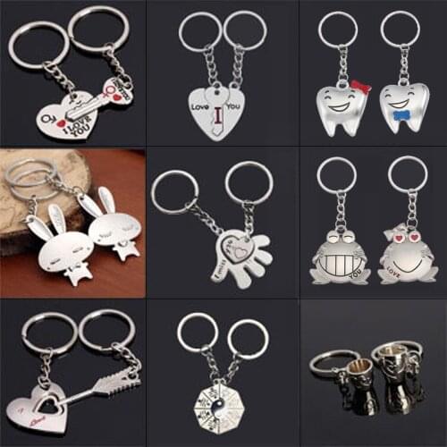 Fashion Peach Heart Couple Stitching Keychain Cute White Rabbit Frog Heart Pendant Pendant Key Chain Set Student Gift Jewelry