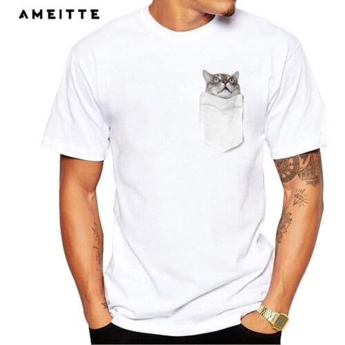 Fashion Pocket Design Cat T-Shirt Mens Hipster White Printed T Shirt Summer Male Short Sleeve Basic Tops Tee