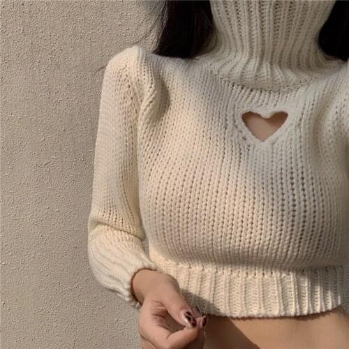 Fashion Turtleneck Crop Sweaters Women Autumn Winter Chic Heart-shaped Hollow Out Pullover Girl Sexy Long Sleeve Short Knitwear