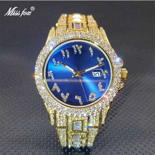 Gold Mens Watches MISSFOX Fashion Luxury Brand Square Diamond Royal Bule Dial Quartz Watch Automatic Calendar Hour Dropshipping