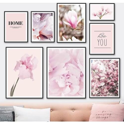 Pink Magnolia Begonia Flower Home Quote Wall Art Canvas Painting Nordic Posters And Prints Wall Pictures For Living Room Decor