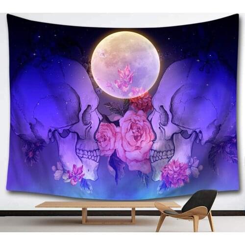 Suger Skull Wall Hanging Pink Flowers Tapestry Bright Moon Midnight Sky Sea Ocean Purple Blue
