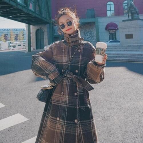 Brand Pop Women Winter Coat Long Double-Breasted Plaid Overcoat Wool Blend Coat for Lady with Belt Female Outerwear Clothes Warm