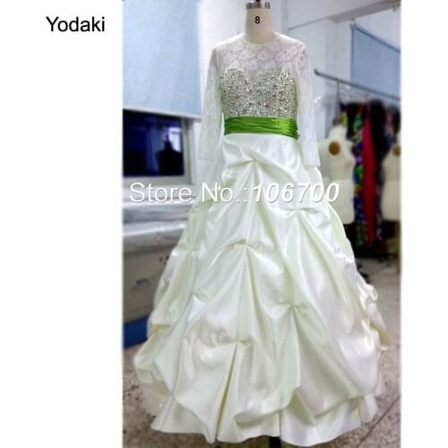 Real Photos Ballgown Wedding Dresses Long Sleeves Lace Hand Make Crystal Beading Pleat Ruched With Sash Long Bridal Gowns 2018