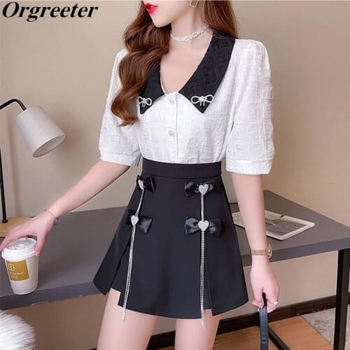 Luxury Diamonds Bowknot Deco Sweet 2 PIece set Women Summer Single-breasted Shirt Blouse and Slim A-line Mini Skirt Suits