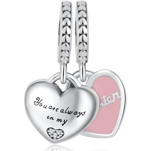 S925 Silver Pendant Bead Mother & Daughter Hearts Dangle Charm fit Lady Bracelet Bangle Pink Enamel