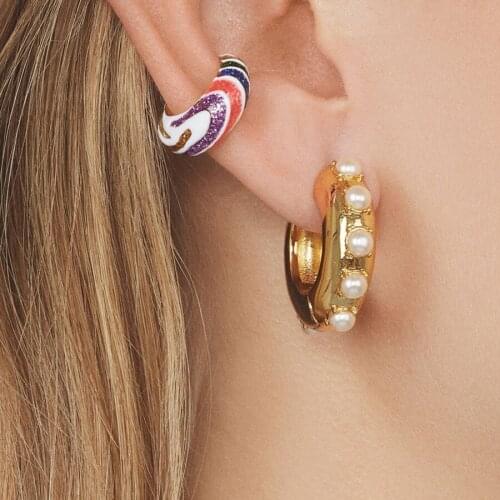 Itenice Multicolor Enamel C-shaped Stud Earrings for Women Rainbow Color Sequins Geometric Metal Ear Cuff Jewelry Accessories