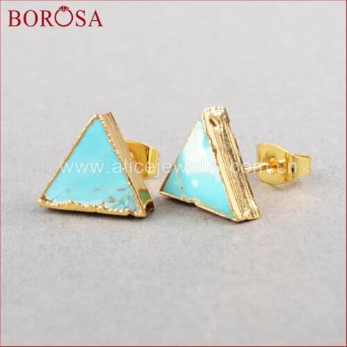 BOROSA 1Pair Natural Blue Stone Turquoises Druzy Stud Earring Triangle Self design Drusy earrings fashion style for Women G0472