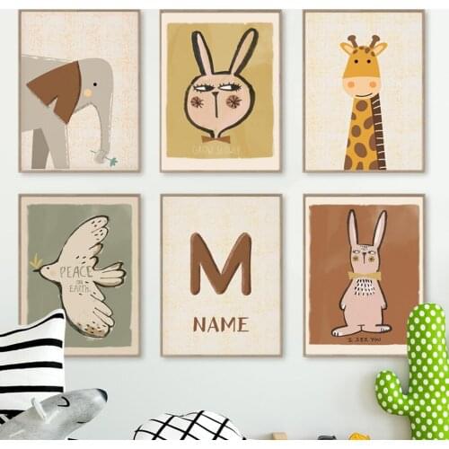 Nordic Canvas Painting Name Customized Cartoon Rabbit Rainbow ABC Wall Art Posters And Prints Pictures For Kids Room Home Decor
