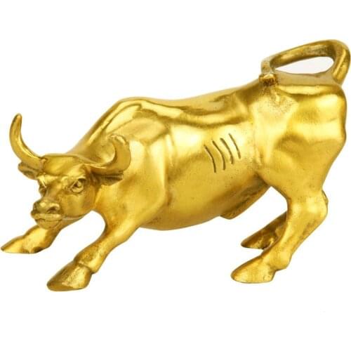 Golden Brass Charging Stock Market Bull Figurine Wall Street Bull Ox Statue Feng Shui Scuplture Home Office Decor WY5