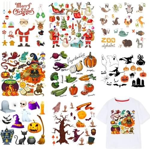 Iron On Halloween Christmas Patches For Clothes Boy Girl DIY T-shirt Applique Heat Transfer Vinyl Letter Animal Patch Sticker F