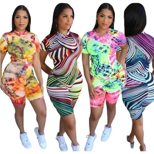 Tie Dye Print Casual Two Piece Set Women T-shirt and biker shorts 2 Piece Matching Sets Summer Outfits Tracksuit Plus Size