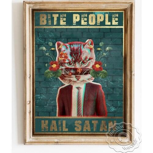Montage Style Vintage Art Prints Poster, Abstract Cat Head Person Wall Picture, Hail Satan Spoof Humor Fashion Gift Home Decor