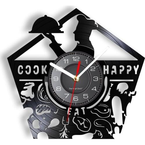 Cook Eat Happy Vintage Kitchen Wall Clock For Cook Chef Restaurant Sign Vinyl Album Record Clock Eatery Decor Food Art Gift