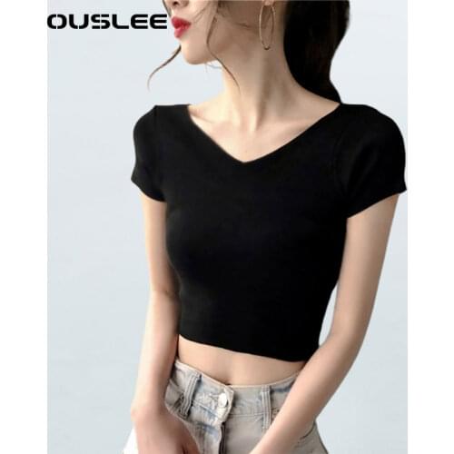 OUSLEE Women Summer V-neck Tshirt Cotton T-Shirts Short Sleeve Crop Top Women Basic Simple All-match Solid Color Stretch T-shirt