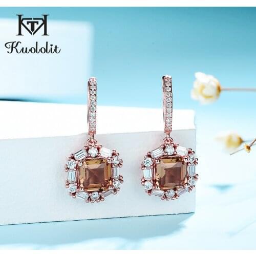Kuololit 585 rose gold Luxury Clip Earrings gemstone for Women Genuine 925 Sterling Silver Asscher Diaspore earring for Wedding