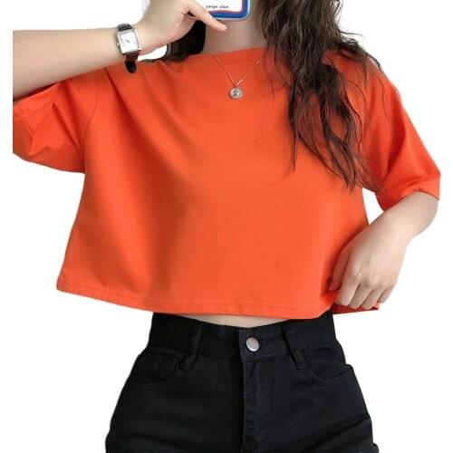 Women Short Sleeve Round Neck Solid Color Crop Top Summer Fashion Pullover T-shirt