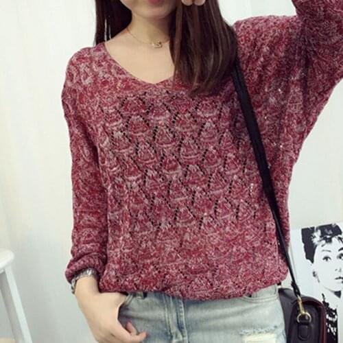 Autumn Women Pullovers Casual Tops V-Neck Loose Batwing Sleeve Hollow Out Thin Knitted Sweater Female Jersey Mujer