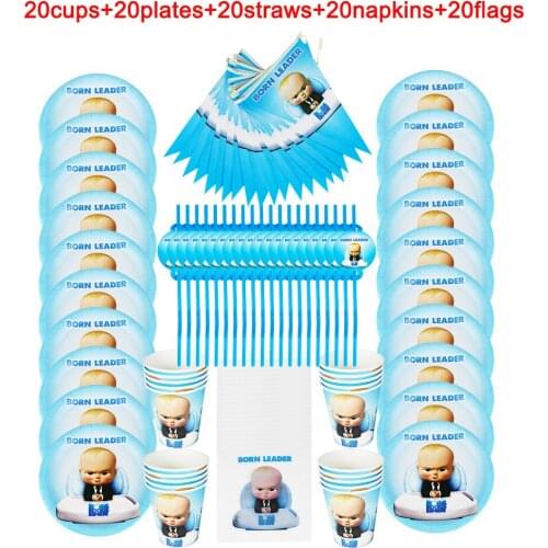 100Pcs Baby Boss Kids Favor Birthday Party Paper Disposable Cup+Plate+Napkin+Straw+Tablecloth Little Leader Decoration Supplies