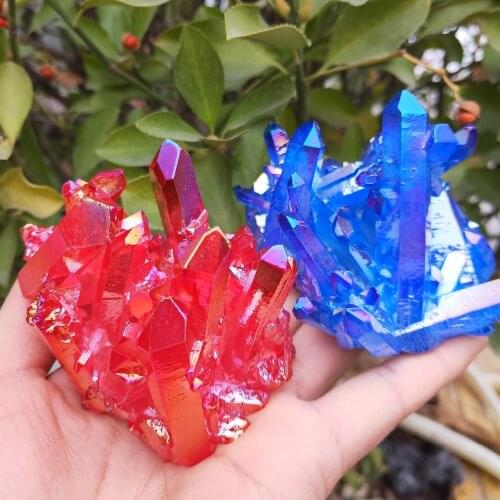 2pcs Crystal Cluster natural aura angel Quartz cluster blue and red gemstone Specimen Healing
