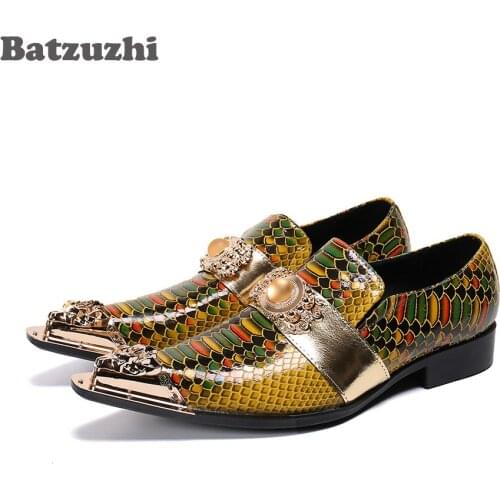 Batzuzhi Japanse Type Mens Shoes Genuine Leather Dress Shoes Pointed Toe Slip on Gold Party/Business/Wedding Zapatos Hombre