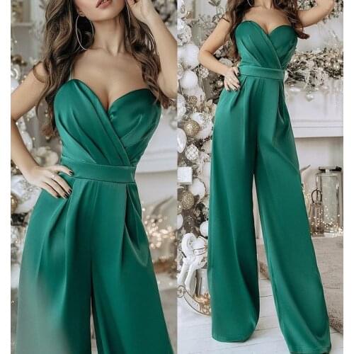 A-Line Long Green Satin Jumpsuit Prom Dresses with Pockets Criss Cross Back Robe De Soiree Floor Length Formal Party Gowns