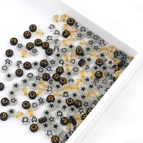 DoreenBeads 7mm Acrylic Beads Flat Round Black Star Pattern Glow In The Dark Luminous DIY Making Bracelets Jewelry Gifts,500PCs