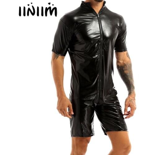 Iiniim Mens Fashion Moto Lingerie Sexy Clubwear Wetlook Zipper Catsuit Bodysuit Cocktail Body Latex Evening Parties Costumes