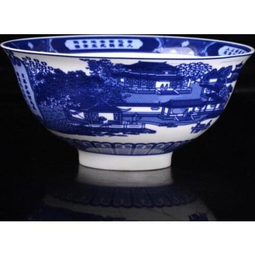 Chinese Blue and white Porcelain Hand-painted Scenery Bowl w Qing Dynasty Qianlong