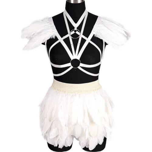 2-Piece Set Gothic Body Harness Lingerie Feather Sexy Bra Bondage Harness Goth Fetish Elastic Skirt Clothing Festival Rave Wear
