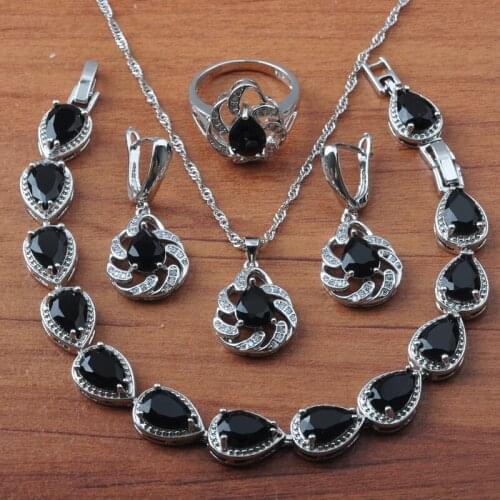 Exquisite Black Zircon Silver Plated Jewelry Sets Wedding For Women Costume Jewelry Bridal Bracelet Earrings Necklace Set JS0629