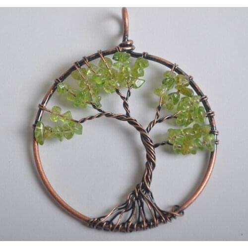 Free Shipping Round Copper Handmade Wire Wrap Tree of life Green Peridot Olivine Pendant Bead 1Pcs K2055