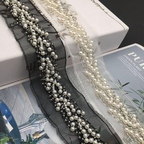 1Yard Beaded Lace Ribbon Tape Trim Collar Decoration African Pearl Lace Fabric Net Cord For Sewing Clothing Headdress Materials