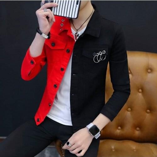 Spring Autumn Personality Mixed Colors Male Denim Jackets Fashion Long Sleeve Punk Style Night Show Wear Slim Casual Mens Coats