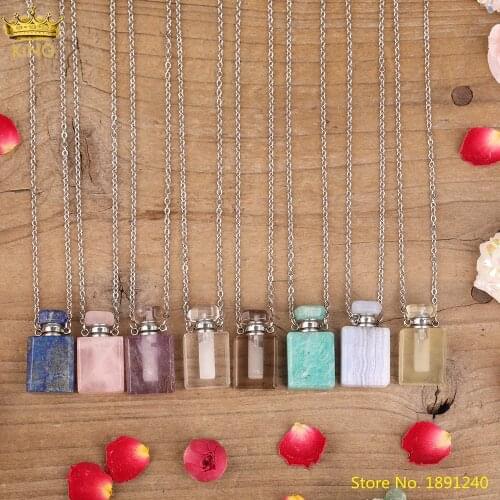 Fashion Women Tniy Smoky Color Quartz Lapis Purple Agates Stone Perfume Oil Diffuser Bottle Pendant Necklace Jewelry For Women